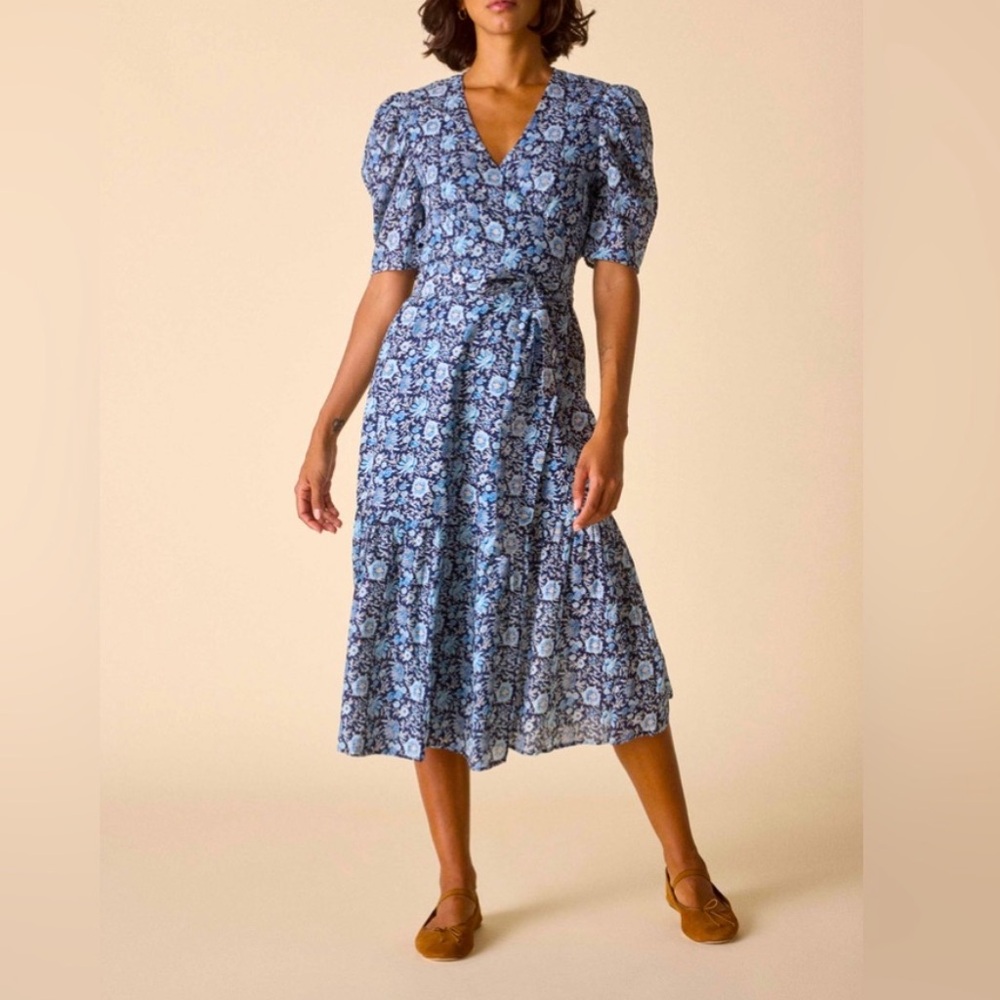 St. Roche Pearl Dress Wrap Midi Cotton Flowy Floral Artisan Puff Sleeve V Neck